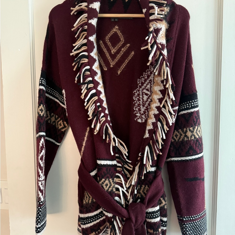 360 Cashmere Burgundy and Black Fringe Cardigan - Picture 2 of 4
